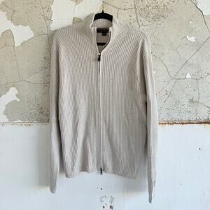 Kenneth Roberts Cardigan Sweater 100% Wool Ribbed Full Zip Mock Neck Beige Men L